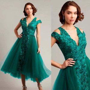 NWoT TADASHI SHOJI CORA TULLE Short Sleeve Embroidered Midi Dress Jasmine Green